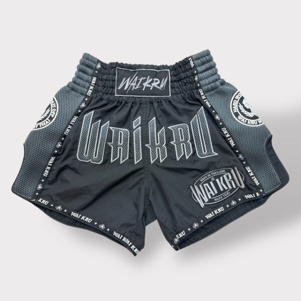 -Muay Thai Shorts - MicroFiber Black - Mesh Grey - MT-15