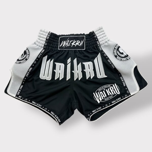 -Muay Thai Shorts - MicroFiber Black - Mesh White - MT-17