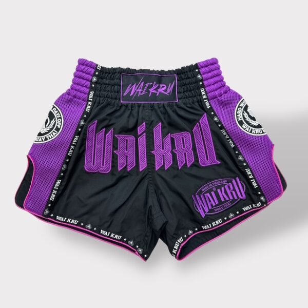 -Muay Thai Shorts - MicroFiber Black - Mesh Purple - MT-19