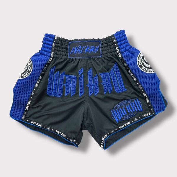 -Muay Thai Shorts - MicroFiber Black - Mesh Blue - MT-21